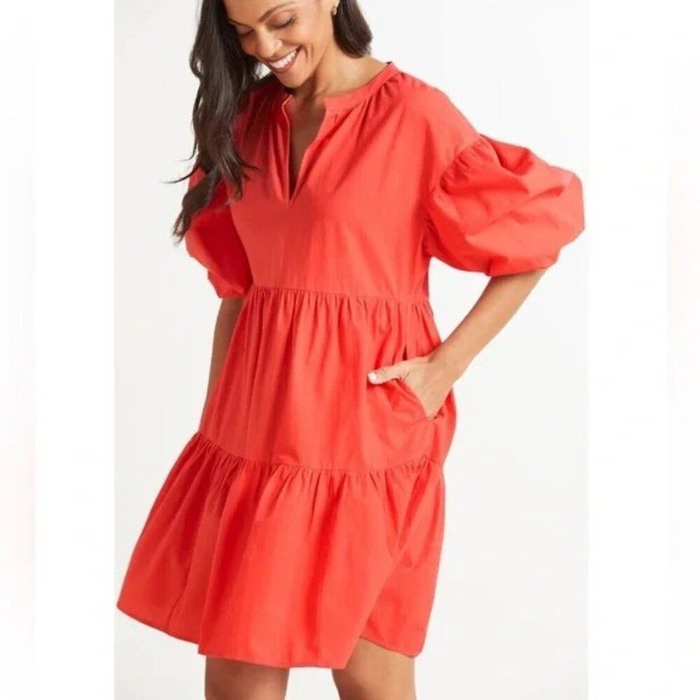 SUNDRY Tiered Solit Collar Red Cotton Poplin Knee Length Dress